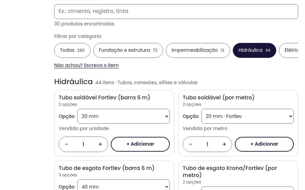 Catálogo da Tavinho com categorias e busca de materiais