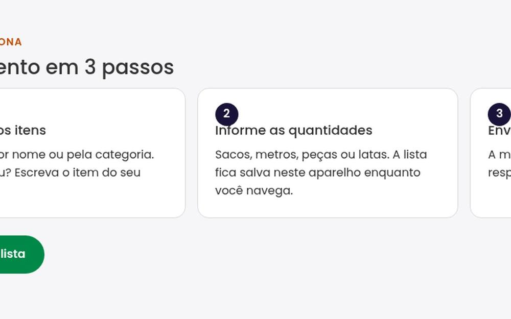 Seção do site sobre o fluxo de orçamento em três passos